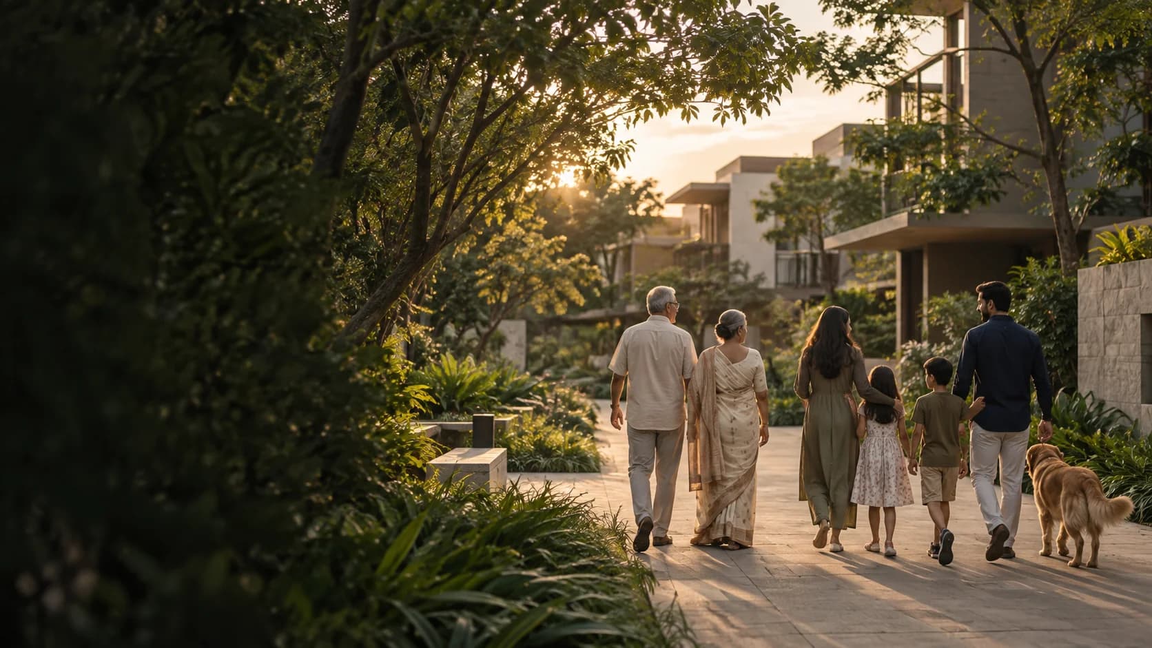 A family walking through a thoughtfully landscaped residential setting